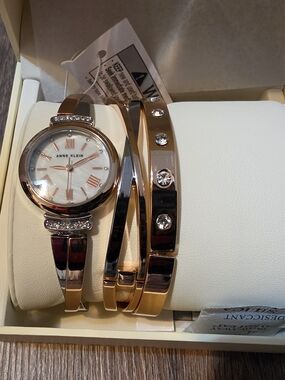 Anne Klein Two-Tone Rose Gold and Silver Bracelet Watch Set